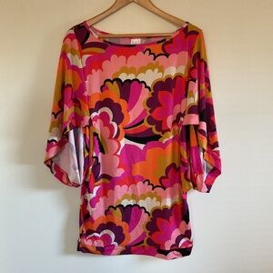 Trina Turk Fan Faire Multicolor Pink Boatneck Tunic Swim Cover Up Dress L $152